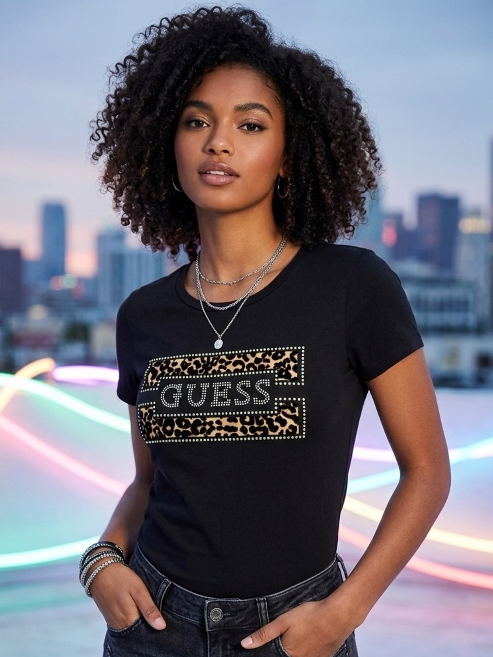 GUESS Black Short-Sleeve Tee with Leopard Logo Panel